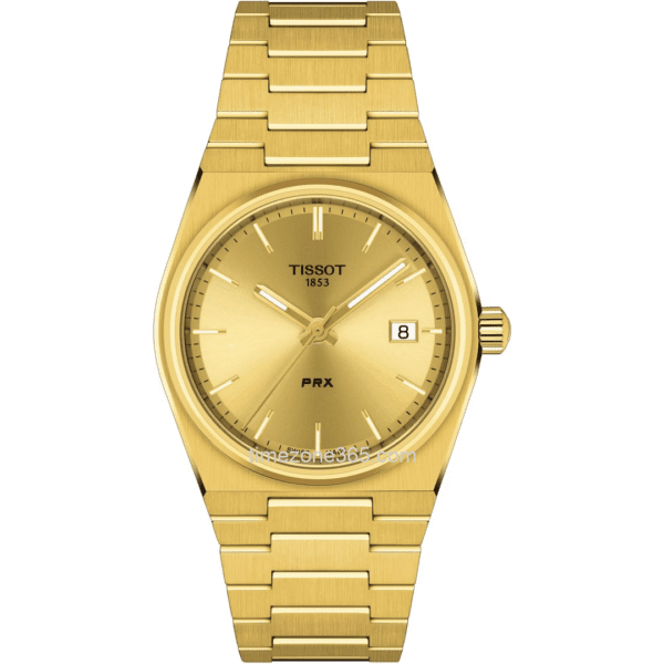 Tissot PRX Quartz 35mm gold-tone watch with elegant design.