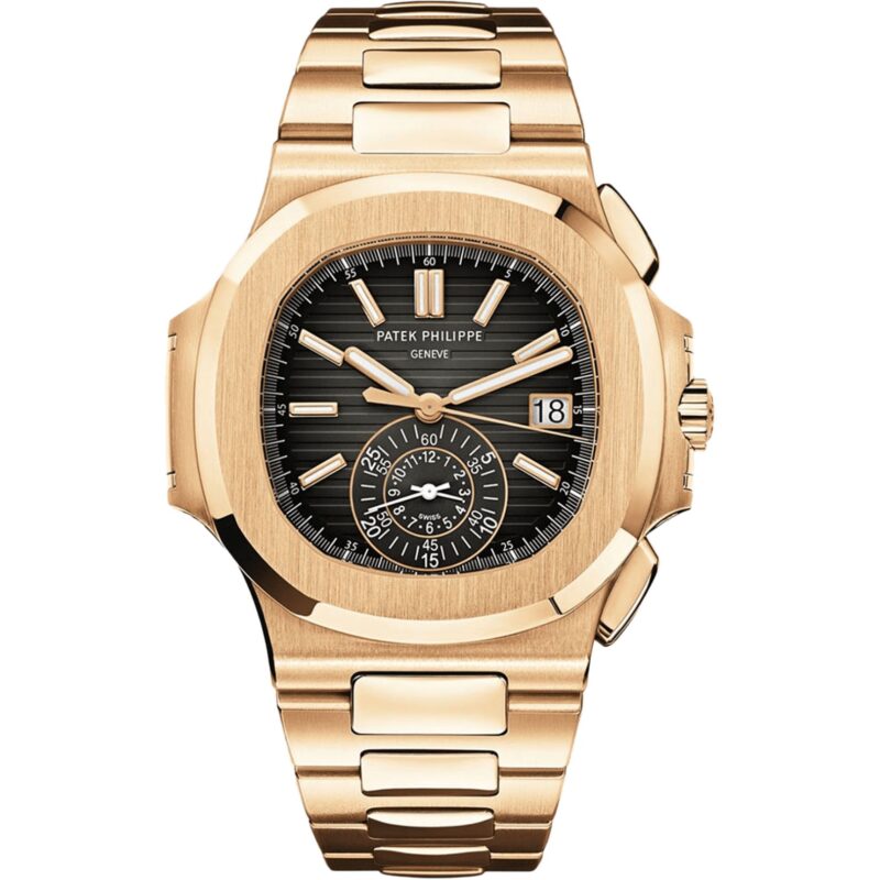 Patek Philippe Nautilus 5980/1R-001, a luxurious rose gold chronograph watch with a bold yet elegant design. It features a black gradient dial with horizontal embossing, gold-applied hour markers with luminescent coating, and a chronograph subdial at 6 o’clock. The 40.5mm case and integrated bracelet, both crafted from 18k rose gold, add to its sophisticated and sporty appeal.