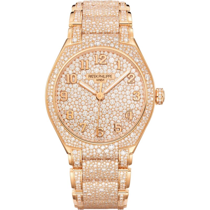 Patek Philippe Twenty~4 7300/1450R-001, an exquisite rose gold ladies' watch fully set with brilliant-cut diamonds in a snow-set pattern. The dial, bezel, case, and bracelet shimmer with meticulously arranged diamonds, creating a dazzling effect. Featuring gold-applied numerals and delicate hands, this timepiece blends elegance and haute joaillerie craftsmanship for a truly luxurious statement.